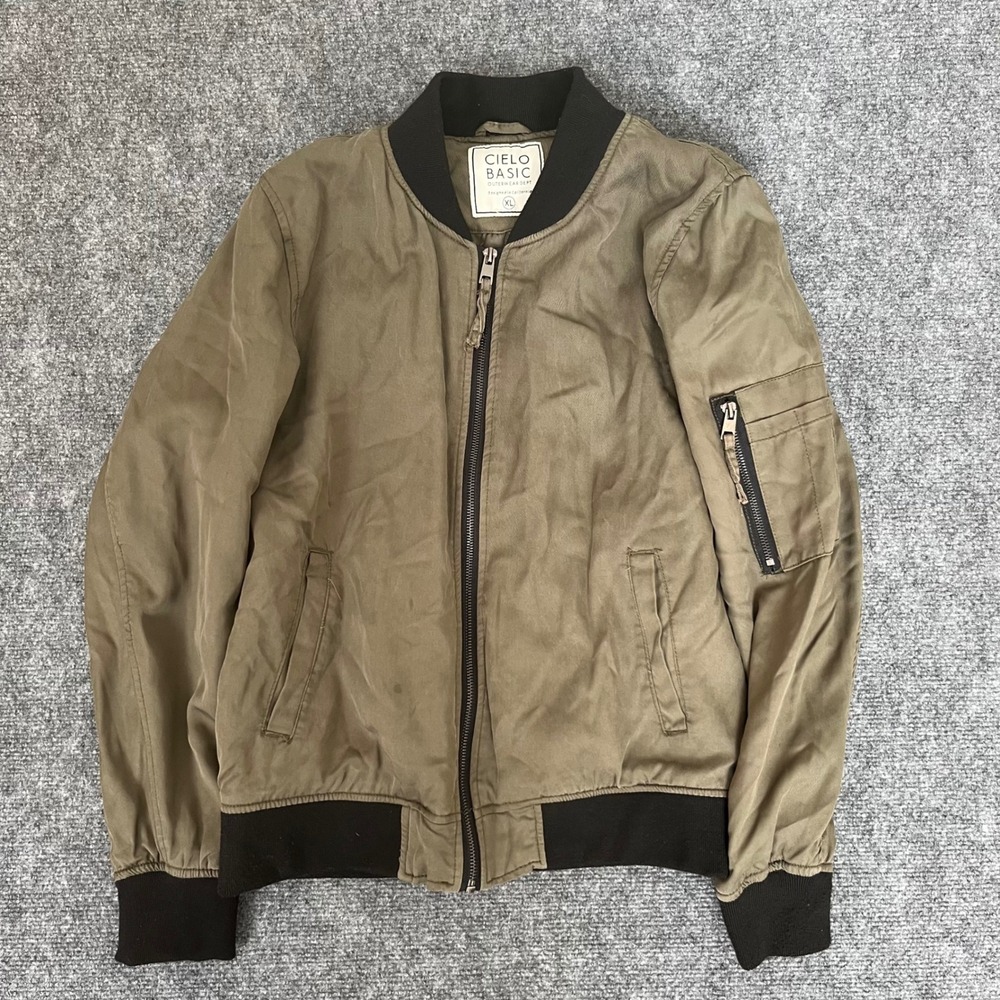 Cielo Basic Mens XL Olive Green Tencel Bomber Jacket Full ZipUtility Pocket